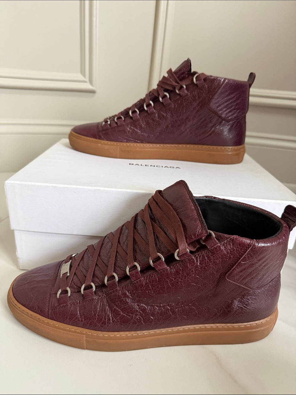 Balenciaga Arena Men's Burgundy Leather High-Top Sneakers with Gum Sole